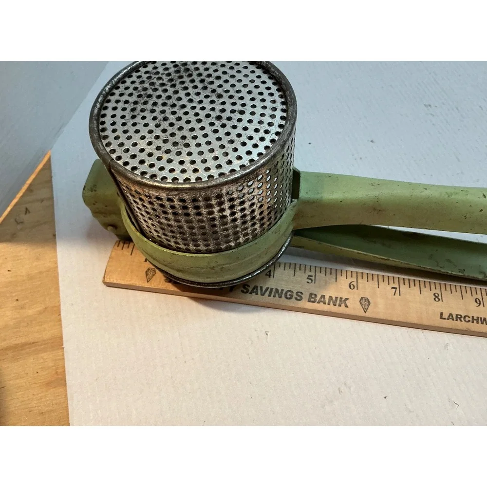 Vintage Potato Ricer Green Metal Hand Press Fruit Masher Farmhouse